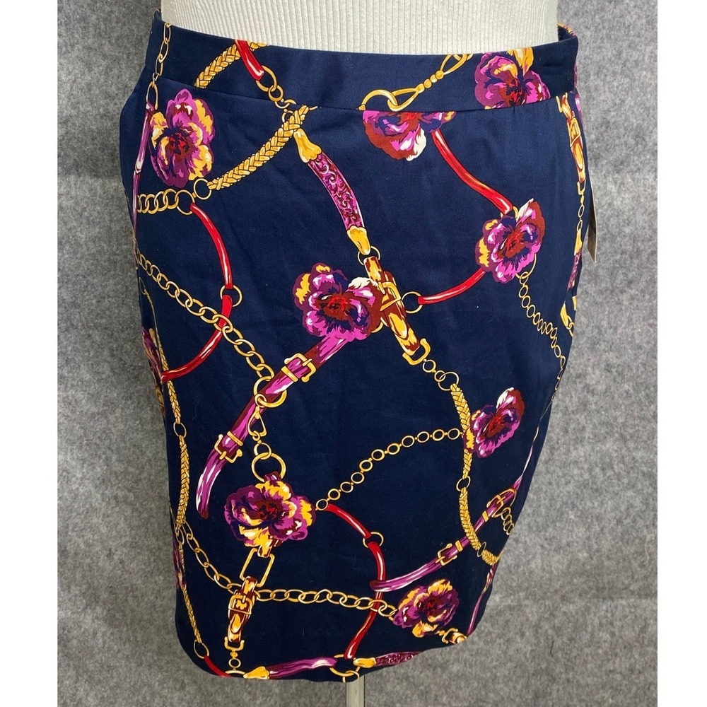 Charter Club NWT Navy Chain Floral Print Pencil‎ Skirt Size 14P Career Workwear